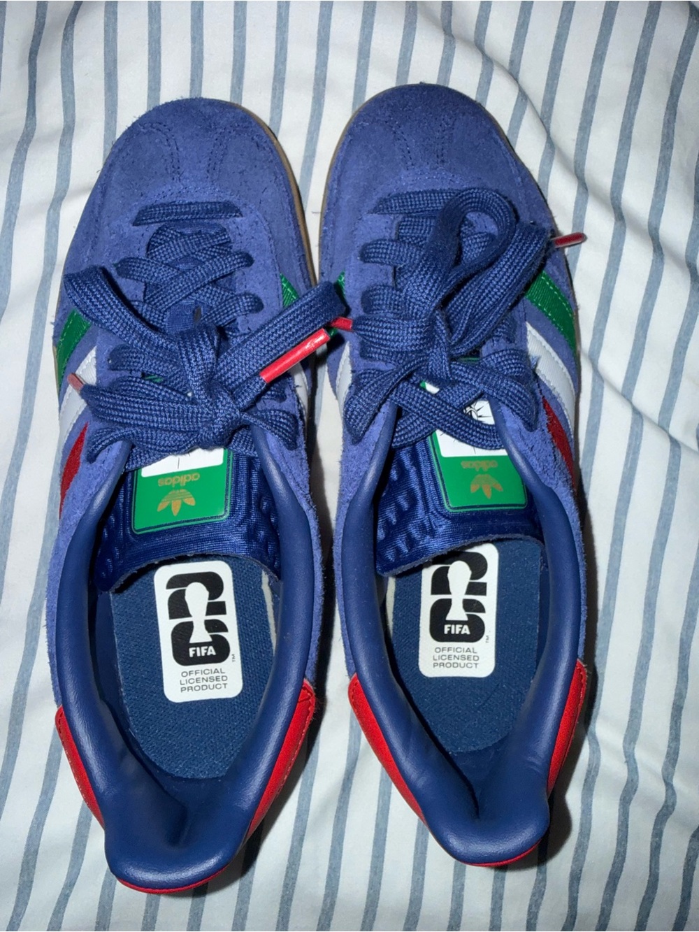 adidas Blue Suede Sneakers with white Red & Green Accents. FIFA EDITION.